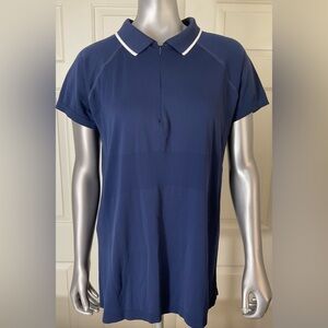 Athleta Momentum Polo Tee Navy Blue Seamless Short Sleeve Shirt Women Size XL